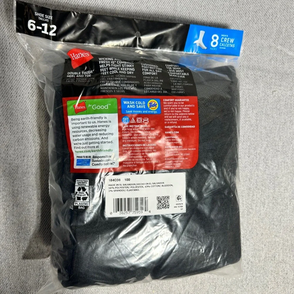 Hanes Mens Cushion Crew Socks 8 Pair Pack 6-12 Black FreshIQ Wicking